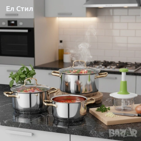 Комплект тенджери с елегантни златисти дръжки DJ24 + Подарък Ръчен чопър KN3, снимка 2 - Съдове за готвене - 53567238