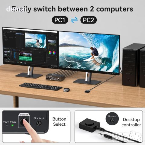 VEDINDUST KVM суич 2 монитора 2 компютъра 4K60HZ HDMI, 4 USB, настолен контролер, снимка 6 - Друга електроника - 45982231