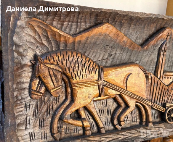 Стенна дърворезба с релефно изображение на мъж с плуг и коне, снимка 3 - Пана - 51333725