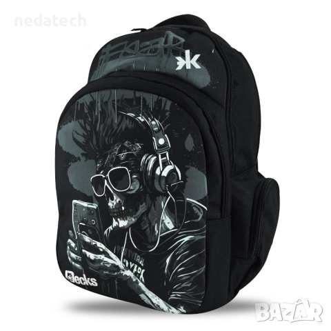 Ученическа раница с череп, Черен, 33x18x48см.