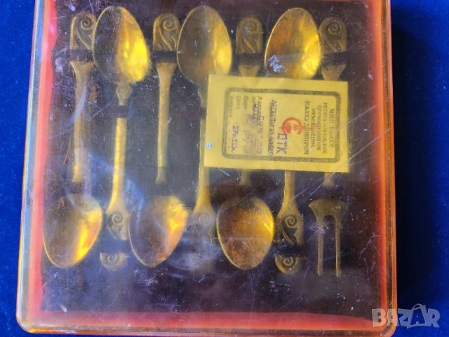 десертен комплект от 6 лъжички + 1 виличка - от мелхиор, позлатени, от СССР, снимка 4 - Прибори за хранене, готвене и сервиране - 51078357