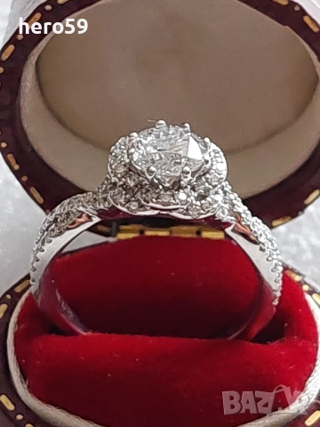 Прекрасен дамски златен пръстен с 1 карат брилянт плюс 74 брилянта тегло 0.5 карата,сертификат , снимка 8 - Пръстени - 51550355