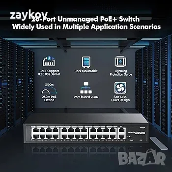 24-портов PoE превключвател, 10/100Mbps PoE+ портове, 2 Gigabit Ethernet Uplink, снимка 3 - Друга електроника - 46870513