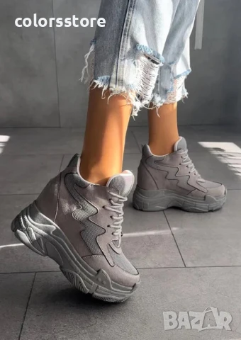 Кецове на платформа - сив велур и мрежа - PJN90

