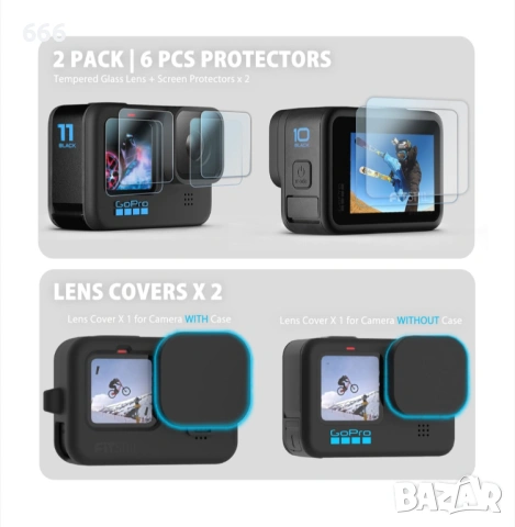 Комплект защитни аксесоари за GoPro Hero 9/10/11/12/13 Black, Капаче + 6 бр Стъклени проектори, снимка 4 - Друга електроника - 53856247