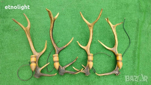 Стенна лампа -аплик с рога и ръчно изработена дървена чашка , снимка 5 - Лампи за стена - 47195189