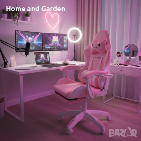 Ергономичен розов геймърски стол с поставка за крака, снимка 3 - Столове - 53965197