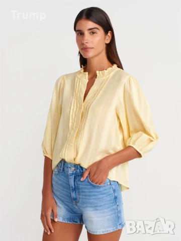 Елегантна Риза с оребрени детайли и балон ръкав - светложълта, снимка 2 - Ризи - 50816188