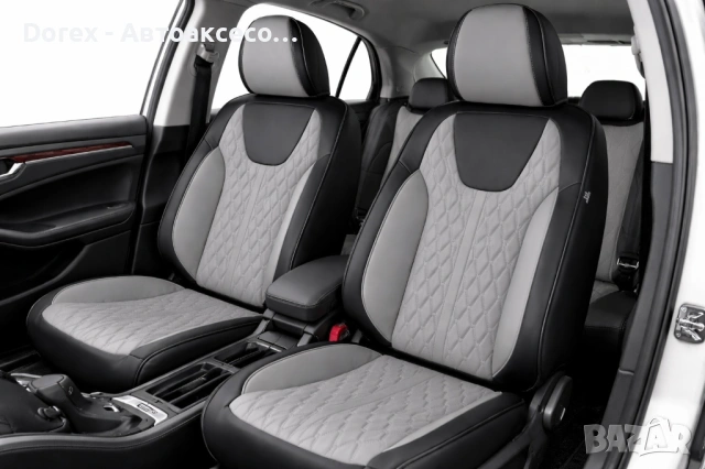 Комплект луксозна универсална тапицерия за седалки от еко кожа - черно-сива