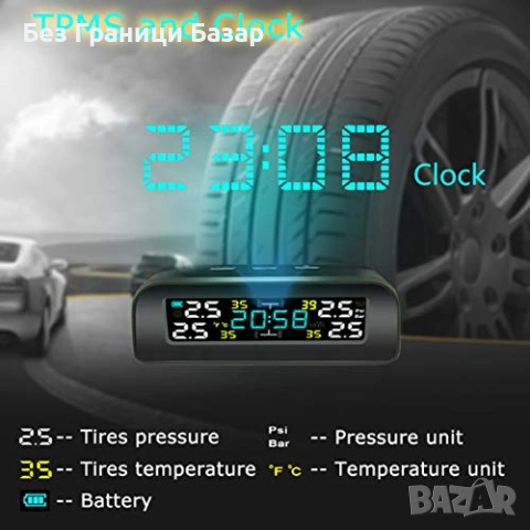 Нова Соларна TPMS Система 4 Гуми LCD Налягане/Температура Безжично, снимка 2 - Друга електроника - 53697298