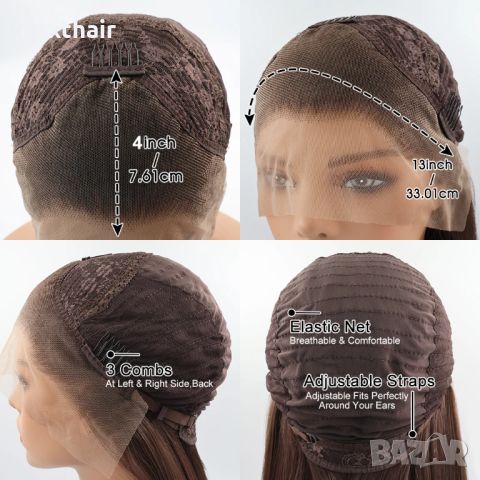 Кафява права лейс фронт перука Lace front 70 см, снимка 3 - Аксесоари за коса - 46729699