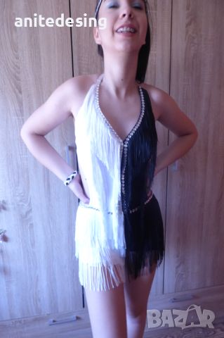 бяло и черно -рокля за спортни танци с ресни и кристали, снимка 12 - Рокли - 46408205
