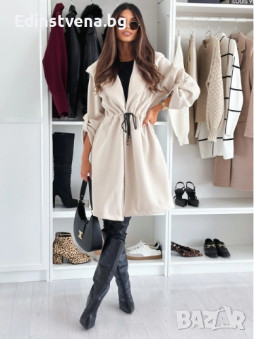 Дамско светлобежово палто с връзки на талията и качулка, снимка 5 - Якета - 51456600