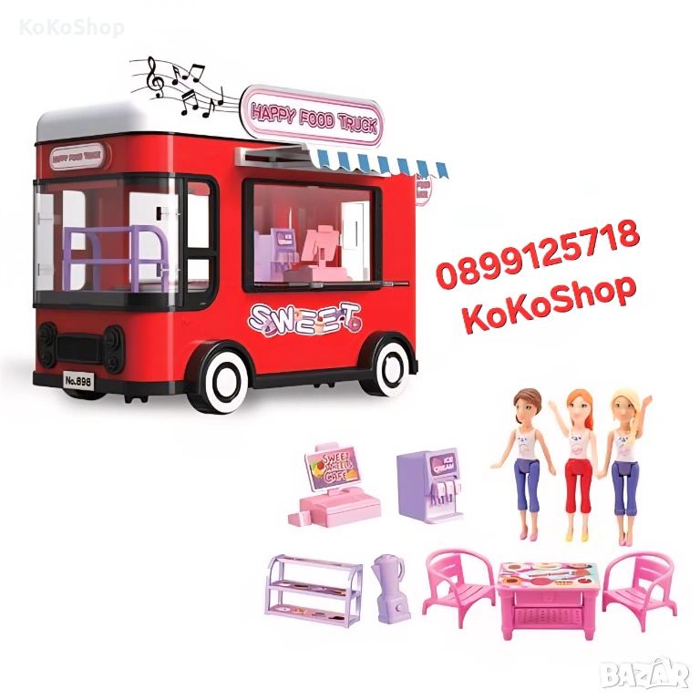 Камион сладкарница с три кукли,оборудване,звук и светлини, снимка 1