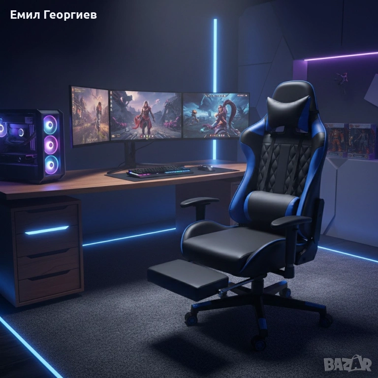 Геймърски стол за релакс с масаж и подложка за крака – син, снимка 1