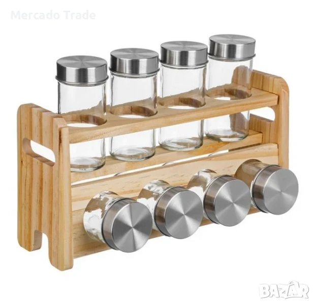 Дървена поставка за подправки Mercado Trade, с 8 стъклени буркана, снимка 1