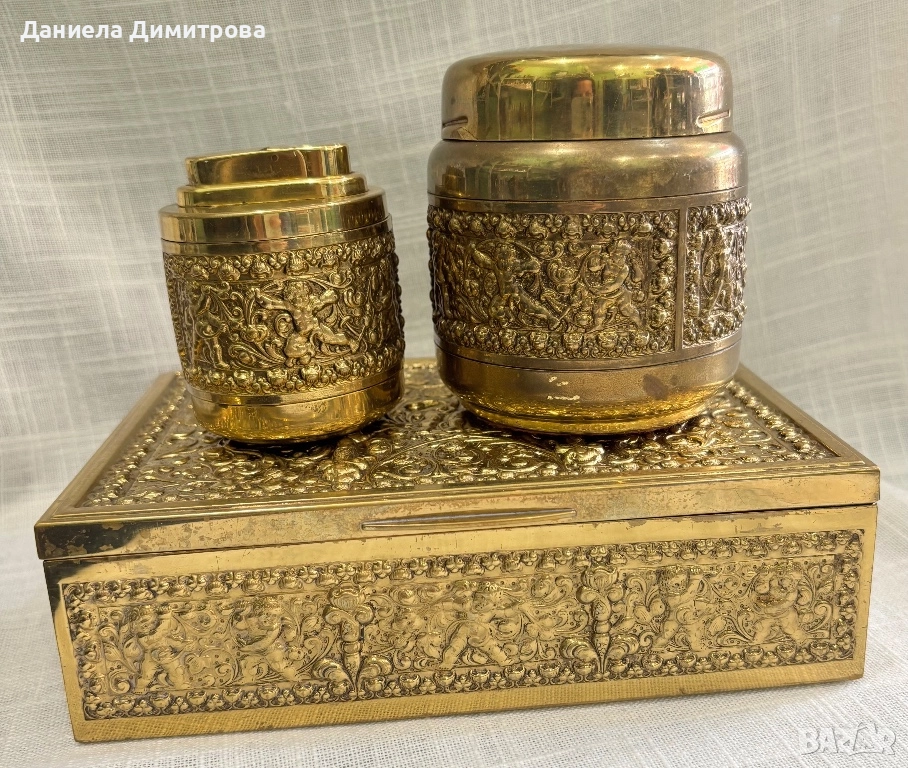 Сет от кутия за пури, запалка и съд за тютюн от месинг/бронз, снимка 1
