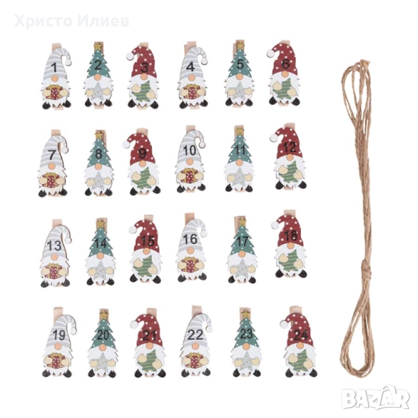 Коледен календар Комплект 24 дървени щипки за адвент календар 3 вида, снимка 1