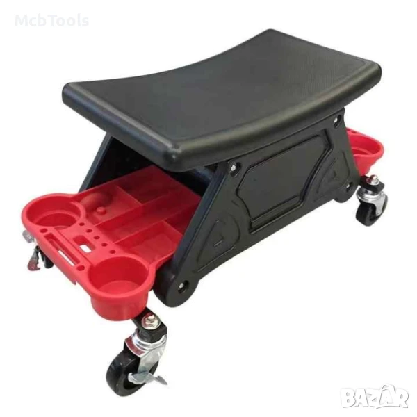 Седалка за механик, пластмаса, 136 кг, 3 тави за съхранение, червена, снимка 1