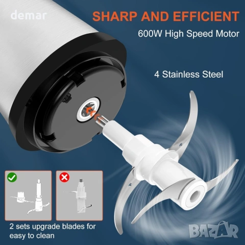 Електрическа мини мелачка за храна, 600W, 3 скорости, с 2-литрова купа от неръждаема стомана, снимка 6 - Чопъри и пасатори - 53949291