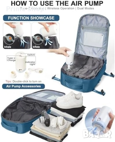 Раница за ръчен багаж livbote с вакуумна компресия и помпа, 40L, Синя, снимка 2 - Раници - 53748643