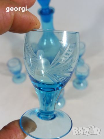 Ретро сервиз за ракия синьо гравирано стъкло , снимка 4 - Сервизи - 45585745
