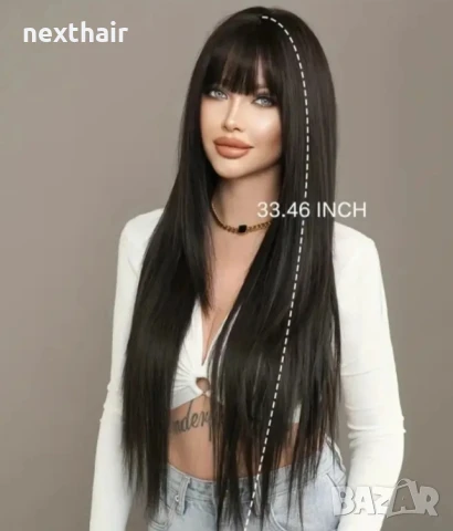 Дълга 80 см тъмно кафява към черна права перука на пластове зигзаг път, снимка 9 - Аксесоари за коса - 50939093