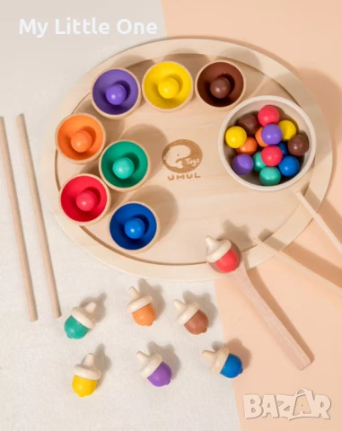 Дървена игра за сортиране на цветни топчета и жълъди, снимка 2 - Образователни игри - 50998081