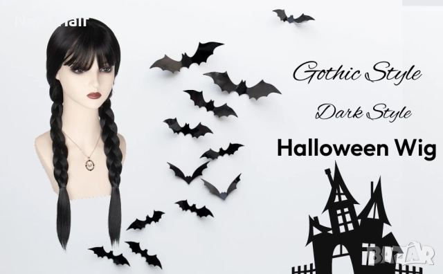 65 см черна аниме перука с две плитки и бретон, снимка 2 - Аксесоари за коса - 52049423