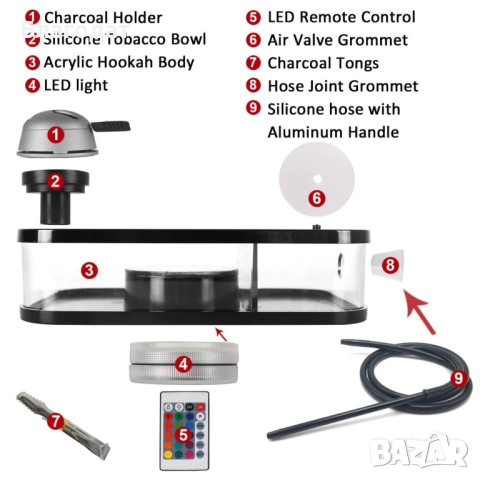 Наргиле - Акрилен уред с дистанционно управление LED кутия, снимка 4 - Други стоки за дома - 52501041