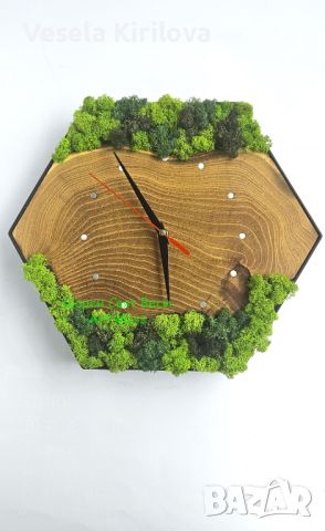 Часовник малък шестостен! Елегантна комбинация желязо и дърво и Скандинавски мъх, снимка 2 - Стенни часовници - 45821618