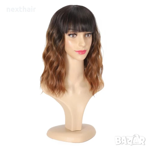 Омбре светло кафява перука с черни корени и бретон 45 см, снимка 3 - Аксесоари за коса - 50859778