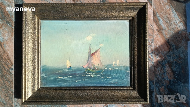 Стара картина , морски пейзаж с маслени бои върху платно в дървена рамка. , снимка 2 - Картини - 53879972