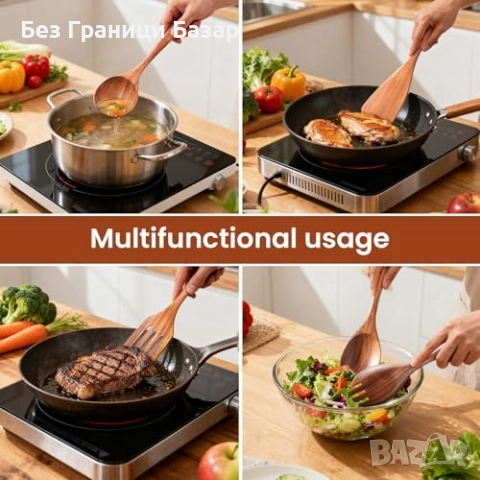 Нов Комплект дървени лъжици и шпатули от тик 9 части кухненски прибори, снимка 7 - Прибори за хранене, готвене и сервиране - 52655344