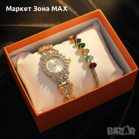 Луксозен дамски комплект – часовник с кристали + гривна с многоцветни камъни