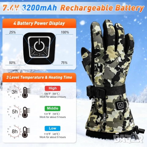 Акумулаторни отопляеми ръкавици Lychee Camouflage, 7.4V, 22.2Wh бързо нагряване, снимка 2 - Ръкавици - 52454364