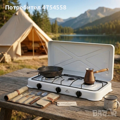Газов къмпинг котлон с 3 горелки, включен маркуч 1.5м и регулатор 50mbar