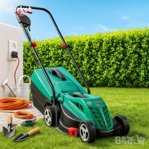Електрическа косачка Bosch Rotak 32 - 1200W с GrassCombs, коси до самия ръб, кош 31 л