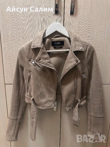 Pull&Bear велурено бежово късо яке тип байкър, снимка 2 - Якета - 53685331