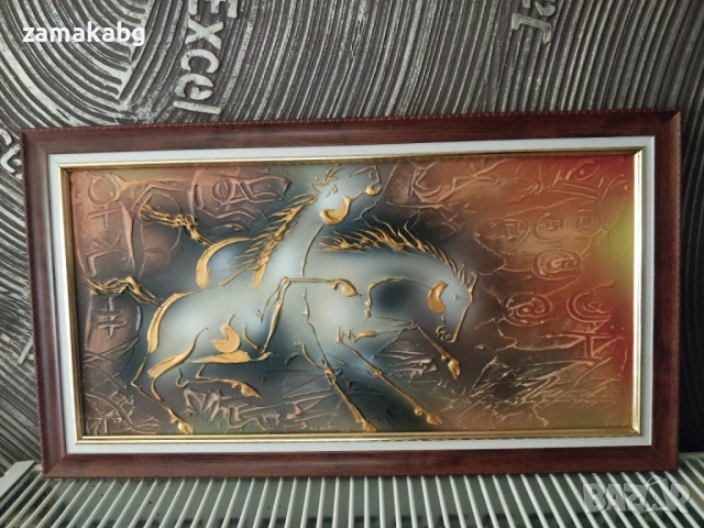 Авторска Картина Двойка Коне, 20x40 см (без рамката), Теника Смесена, Пластмасова рамка, Иван Тодоро