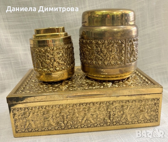 Сет от кутия за пури, запалка и съд за тютюн от месинг/бронз