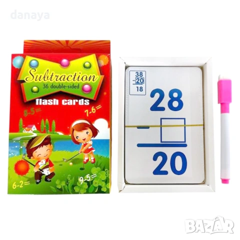 6468 Образователни карти за събиране или изваждане с маркер, 36 флаш карти за математика, снимка 6 - Ученически пособия, канцеларски материали - 53769512