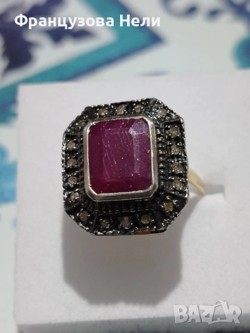 Златен пръстен 14 к, с Рубин и Диаманти, снимка 3 - Пръстени - 53830719