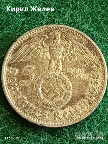 Сребърна монета 5 райхсмарки 1938г. Германия Трети Райх с Свастика за КОЛЕКЦИОНЕРИ 26541, снимка 2 - Нумизматика и бонистика - 53616655