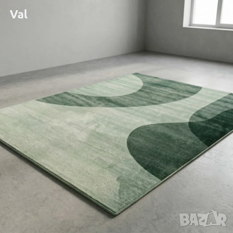 Модерен килим за хол 120х160см - Зелени вълни на светъл фон и 3D ефект, Противоплъзгащ