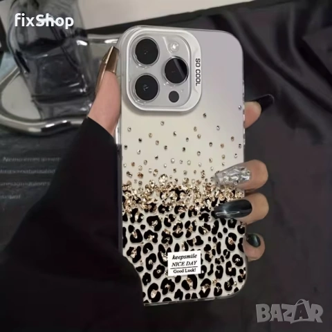 Калъф за iPhone 17 – луксозен дизайн с камъни и леопардов принт – Нов