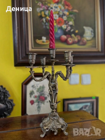 Масивен брознов или месингов свещник (канделабър) с пет гнезда  за свещи  Ар Нуво с богати орнаменти, снимка 12 - Други - 53490215