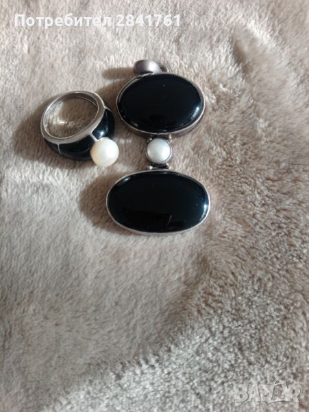 Сребърен комплект пръстен и висулка с перла и оникс, снимка 1