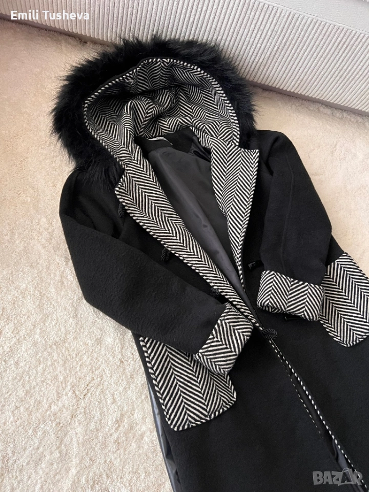 Дамско палто в черно и сиво с пух на качулката, снимка 1