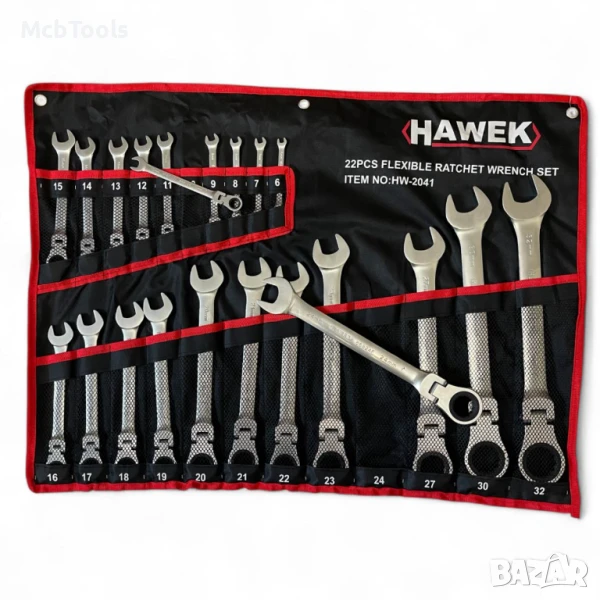 Комплект звездогаечни тресчотни ключове с чупещо рамо 22 части 6 – 32 мм Hawek, снимка 1